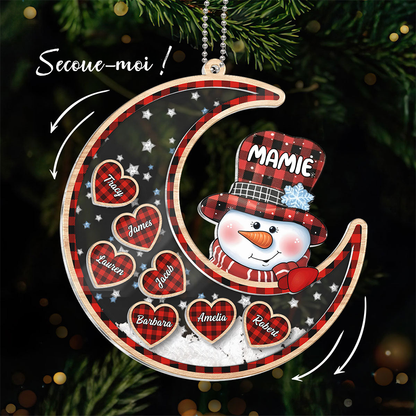 Personnalisé bonhomme de neige sur la lune - Ornement shaker, cadeau de Noël pour Mamie & Maman