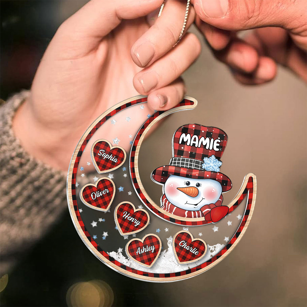 Personnalisé bonhomme de neige sur la lune - Ornement shaker, cadeau de Noël pour Mamie & Maman