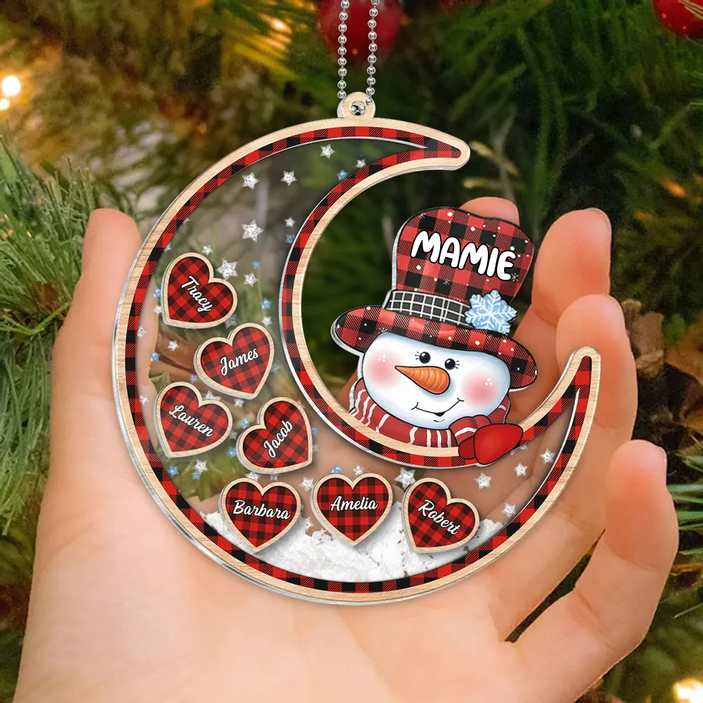 Personnalisé bonhomme de neige sur la lune - Ornement shaker, cadeau de Noël pour Mamie & Maman