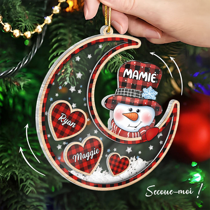 Personnalisé bonhomme de neige sur la lune - Ornement shaker, cadeau de Noël pour Mamie & Maman