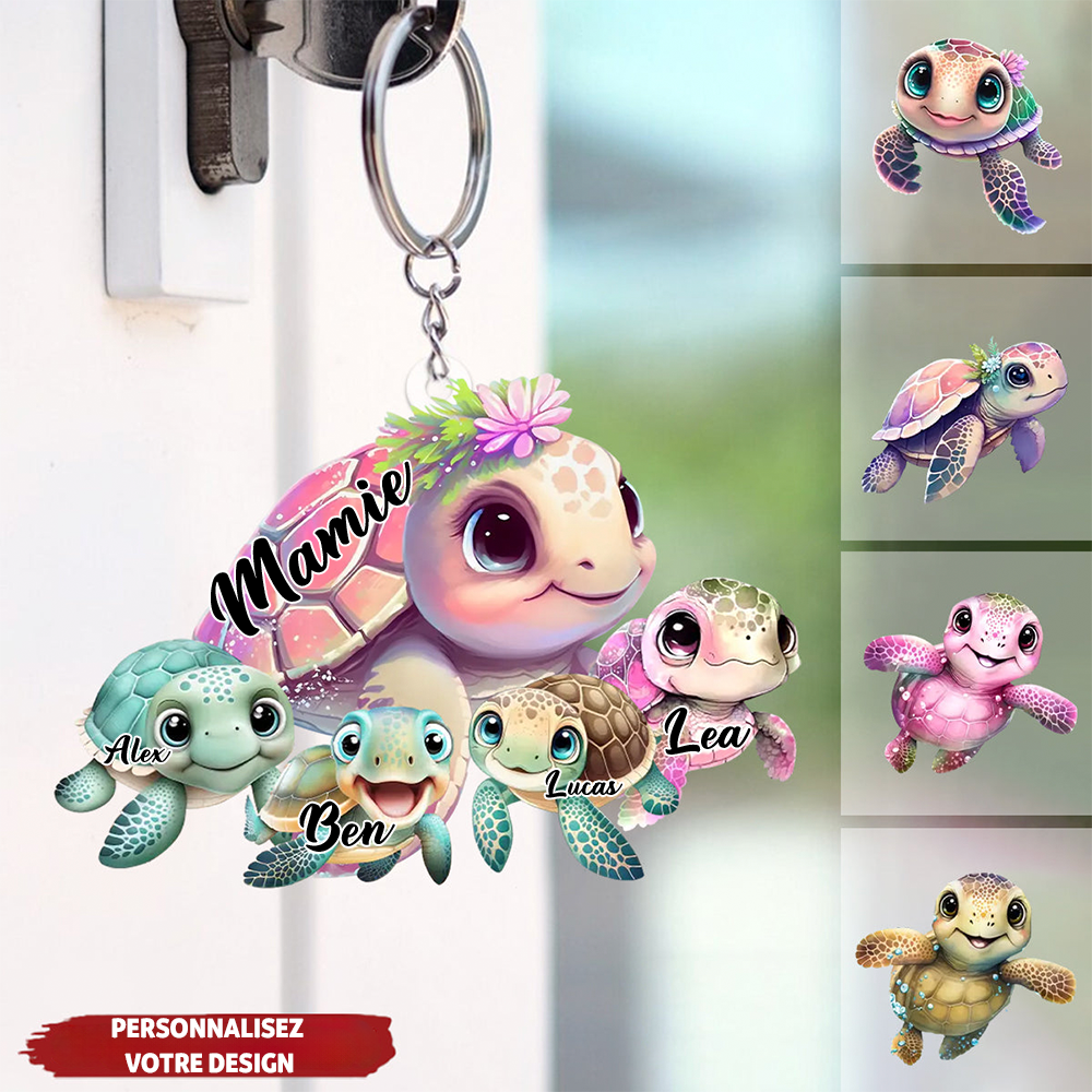 Porte-clés en acrylique Maman Tortue et ses petites Tortues pour Maman et Mamie